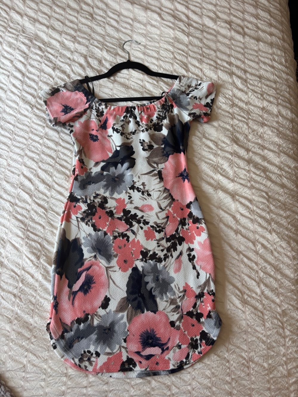 Papaya Pink & Gray Floral Off-Shoulder Mini Dress